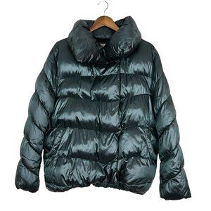 Rachel Parcell Puffer Jacket Womens Large Botanical Green Snap Button Outdoor